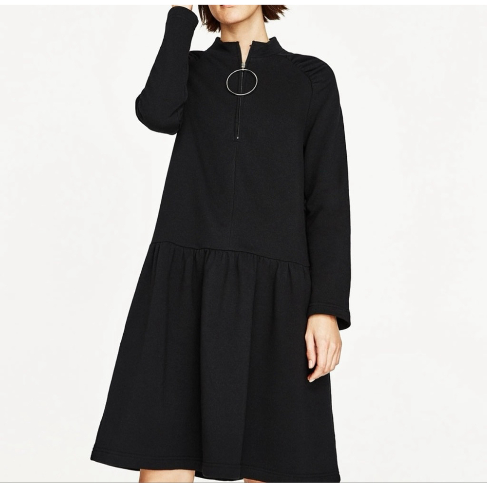 ZARA Long Sleeve Sweater Dress Big Hoop Zipper Ruched Vneck Black